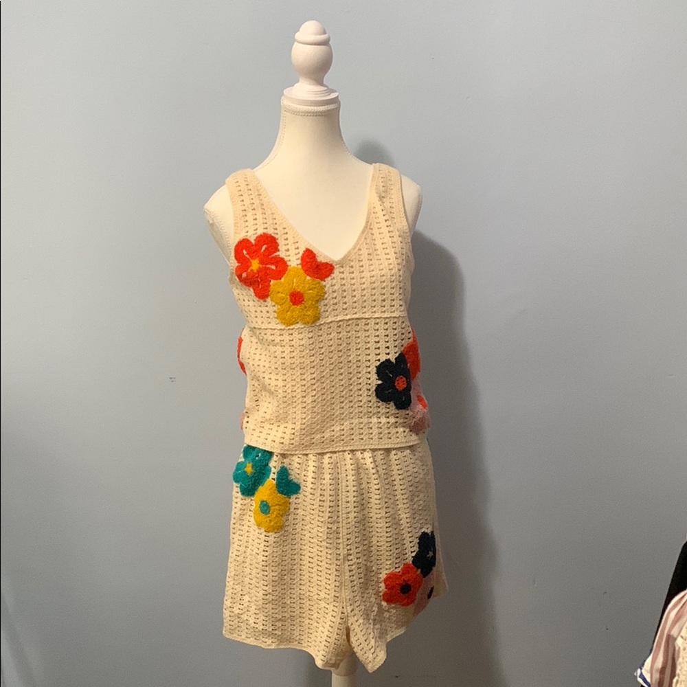 Rebellion Cream and Red Knit Short Set with Floral Details